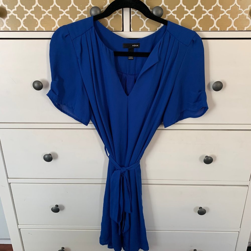 Aqua Royal Blue Shift Dress with Tie